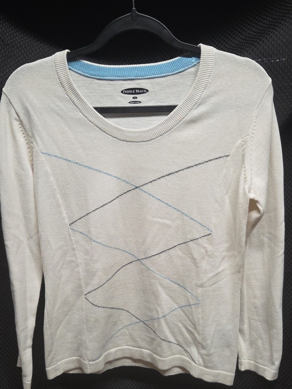Pebble Beach Cream Long-Sleeve Sweater with Light Blue Stitching